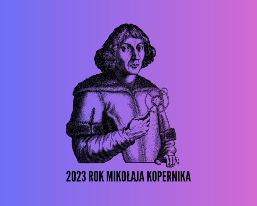 Grafika przedstawiająca Mikołaja Kopernika na tle fioletowo amarantowym. Pod nią tekst 2023 Rok Mikołaja Kopernika.