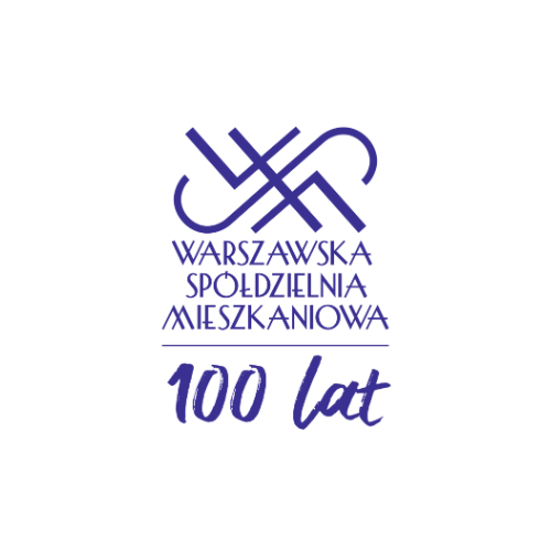 logotyp warszawskiej spółdzielni mieszkaniowej w kwadracie na białym tle, widoczne napisy: warszawska spółdzielnia mieszkaniowa 100 lat