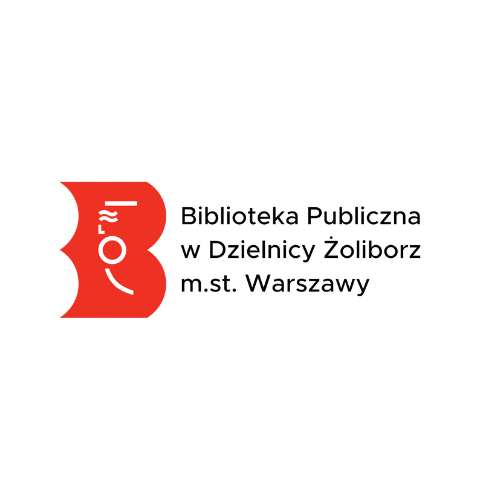 logotyp biblioteki zoliborskiej w kwadracie na białym tle, widoczne napisy: biblioteka publiczna w dzielnicy zoliborz m.st. warszawy