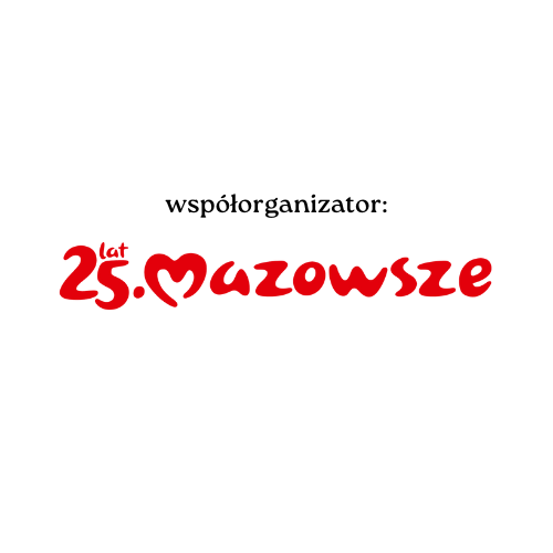 logotyp województwa mazowsza w kwadracie na białym tle, widoczne napisy: współorganizator 25 lat. mazowsze