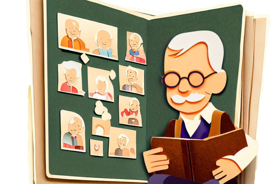 grafika promująca warszawskie dni seniora wygenerowana przez sztuczną inteligencję przedstawiająca postać seniora i album rodzinny z papieru