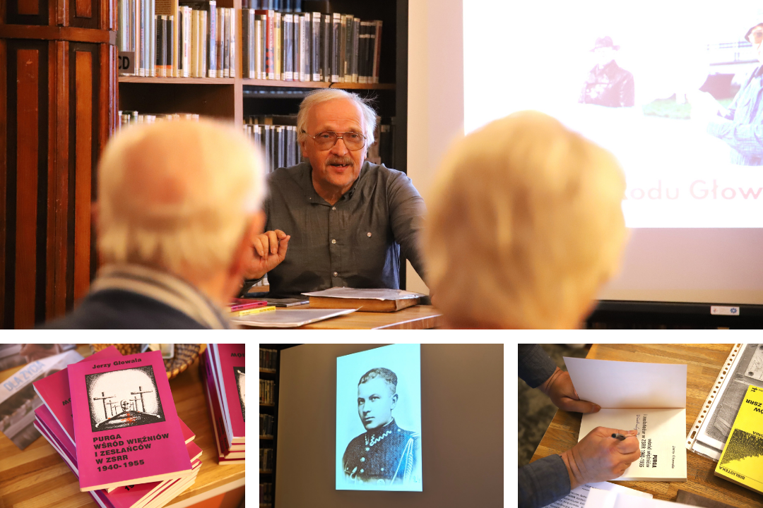 kolaż zdjęć przedstawiający prelekcję Pana Władysława Głowali zorganizowaną podczas warszawskich dni seniora w roku 2023 w bibliotece na Żoliborzu