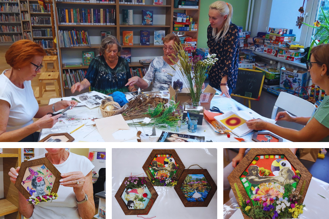 kolaż zdjęć przedstawiający warsztaty z tworzenia roślinnych kolaży z fotografii zorganizowane podczas warszawskich dni seniora w roku 2023 w bibliotece na Żoliborzu