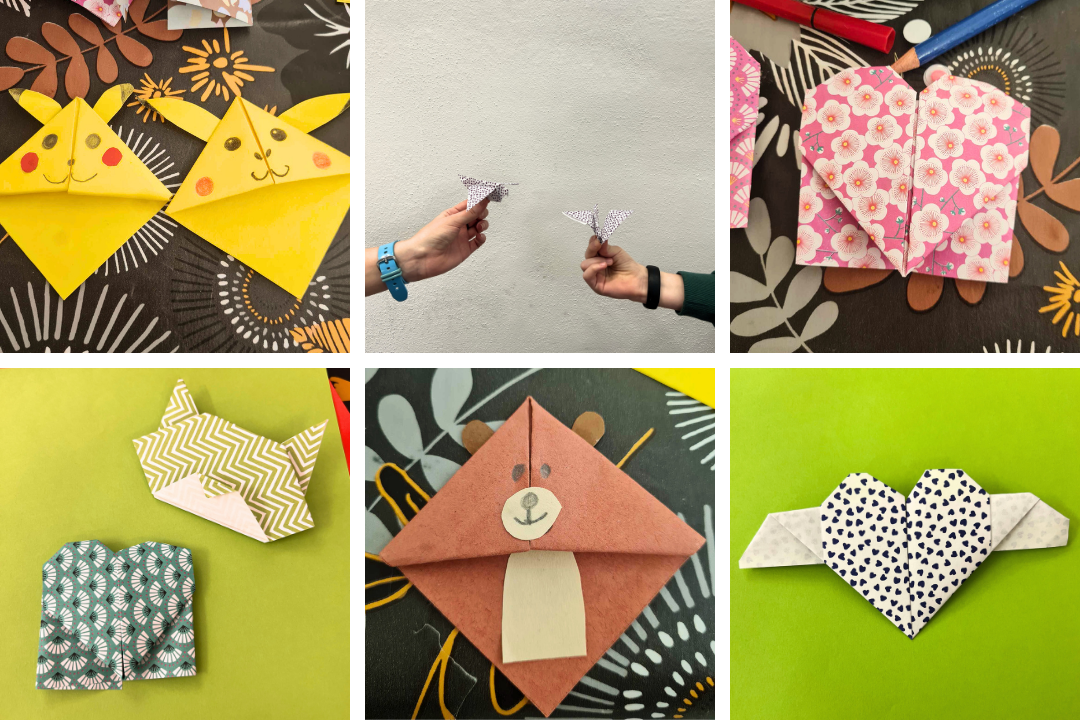 kolaż zdjęciowy 6 prac z warsztatów bibliotecznych podczas 32. finału wielkiej orkiestry świątecznej pomocy na żoliborzu - różne wzory origami z sercami oraz pokemonami i żurawiami