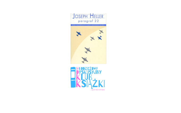 grafika wyróżniająca przedstawiająca okładkę książki Josepha Hellera "Paragraf 22". Pod okładką znajduje się różowo-niebieskie logo Młodzieżowego Dyskusyjnego Klubu Książki.