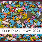 kolorowe rozsypane puzzle, na białym tle napis "klub puzzlowy 2024"