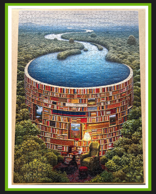 ułożone puzzle, tama z książek pośród drzew