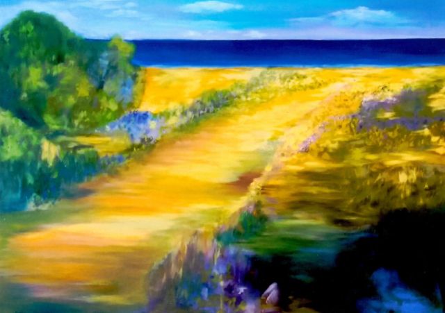 obraz przedstawiający piaszczystą drogę wiodącą nad morze w barwach żółci, błękitu i zieleni