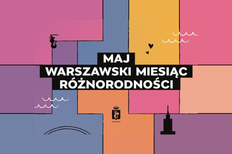 grafika promująca warszawską akcję - maj warszawski miesiąc różnorodności z napisem: maj warszawski miesiąc różnorodności oraz logiem miasta warszawy