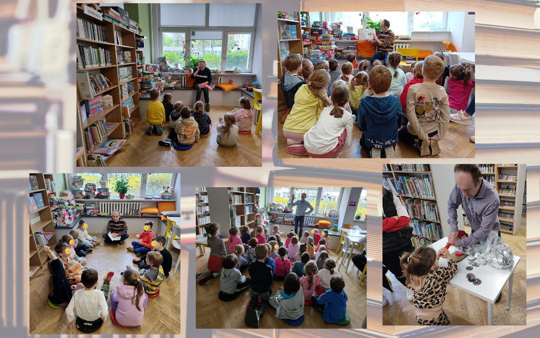 grafika wyróżniająca przedstawiająca zdjęcia podczas lekcji bibliotecznych, na których są czytane książki, robione pamiątkowe przypinki i rozmowy dzieci z bibliotekarzem.