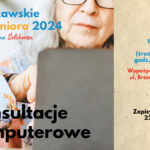 grafika wyróżniająca. napisy: warszawskie dni seniora 2024 w bibliotece na żoliborzu, konsultacje komputerowe, 18, 19, 25 i 26 września (środy i czwartki), godz. 8:30 - 14:00, wypożyczalnia nr 138, ul. broniewskiego 9a, zapisy pod nr tel. 22 633 90 80. zdjęcie kobiety przed ekranem laptopa.