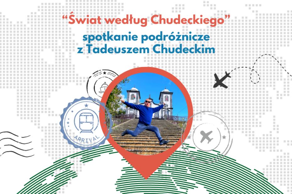 grafika ze zdjęciem tadeusza chudeckiego osadzonym w pinezce na globie, elementami graficznymi - stemplami paszportowymi i z tekstem. widoczne napisy: "świat według chudeckiego" spotkanie podróżnicze z Tadeuszem Chudeckim