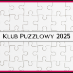 tło z białych puzzli w różowo szarej ramce, napis "klub puzzlowy 2025"