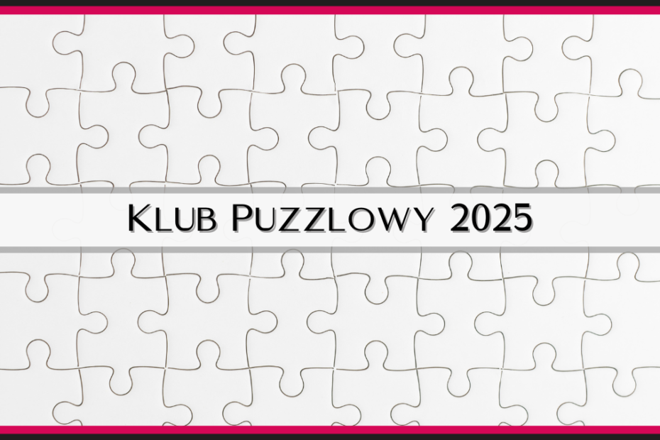 tło z białych puzzli w różowo szarej ramce, napis "klub puzzlowy 2025"