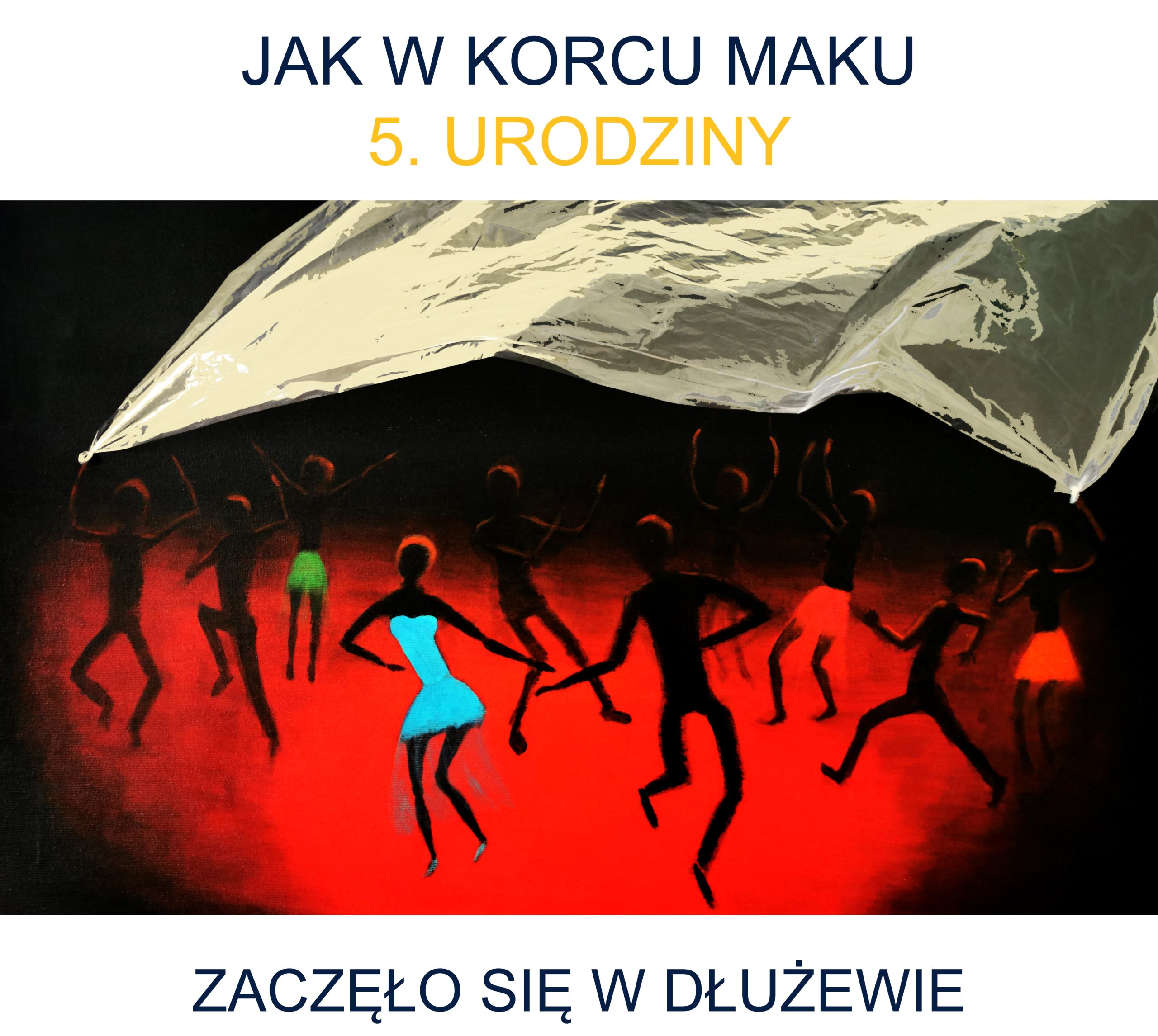 Obraz przedstawia grupę tańczących na czerwonym tle postaci. Napis: Jak w korcu maku. 5. urodziny. Zaczęło się w Dłużewie