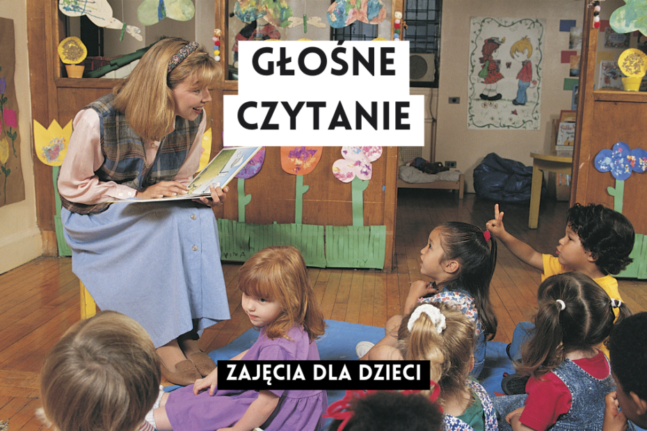 grafika wyróżniająca z tekstem: "głośn czytanie zajęcia dla dzieci" na tle zdjęcia osoby dorosłej czytającej grupie dzieci książkę