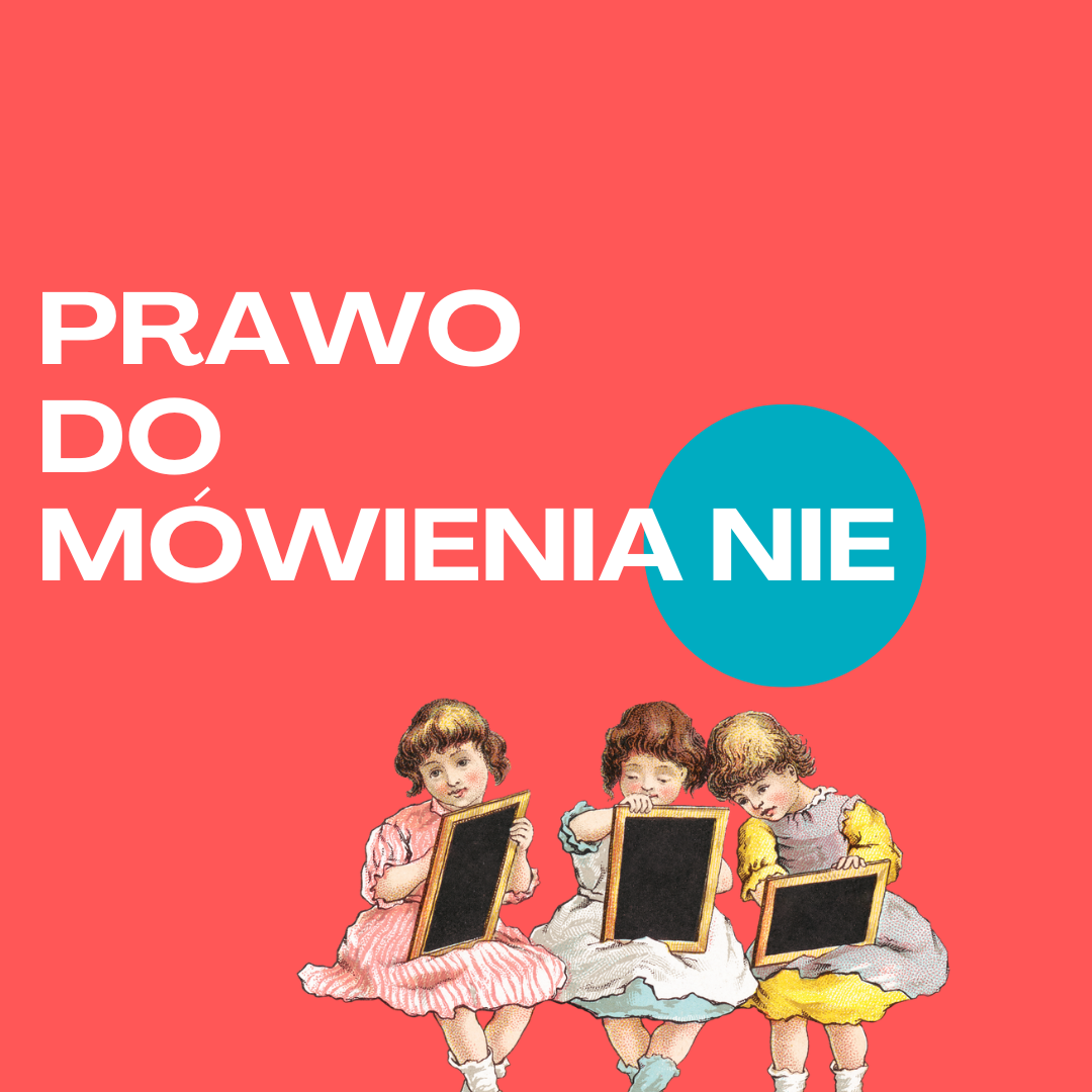 prosta grafika z ilustracją trzech dziewczynek piszących na czarnych tablicach oraz napisami na czerwonym tle prawo do mówienia nie