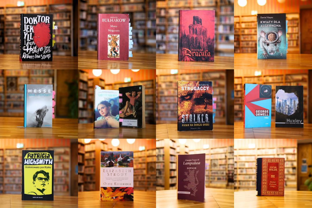 kolaż 12 zdjęć okładek książek stojących na blacie we wnętrzu biblioteki. kolejno tytuły: doktor jekyll i pan hyde robert louis stevenson michaił bułhakow mistrz i małgorzata dracula bram stoker daniel keyes kwiaty dla algernona hermann hesse wilk stepowy lolita vladimir nabokov arkadij i borys strugaccy stalker piknik na skraju drogi george orwell rok 1984 aldous huxley nowy wspaniały świat patricia highsmith utalentowany pan ripley elizabeth strout olive kitteridge giuseppe tomasi di lampedusa gepard oscar wilde portret doriana graya