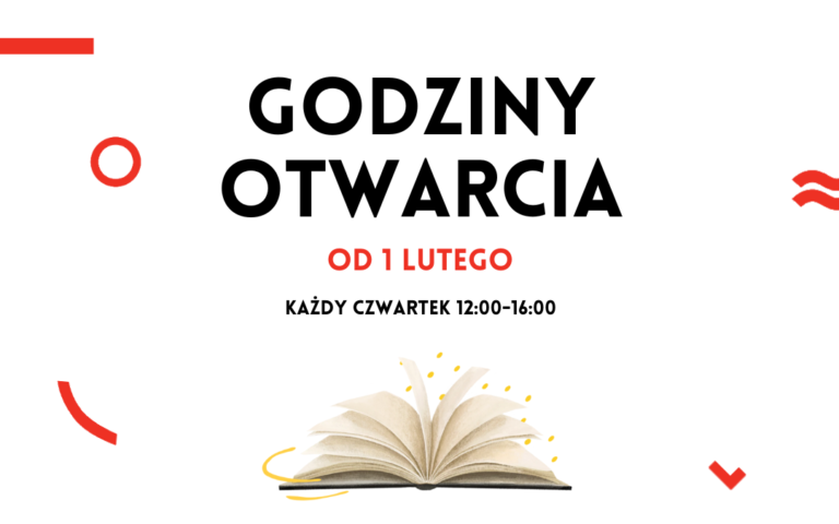 prosta grafika na białym tle z napisem godziny otwarcia od 1 lutego każdy czwartek 12:00-16:00 i ozdobnymi elementami z loga bibliotek publicznych w warszawie oraz ilustracją otwartej książki