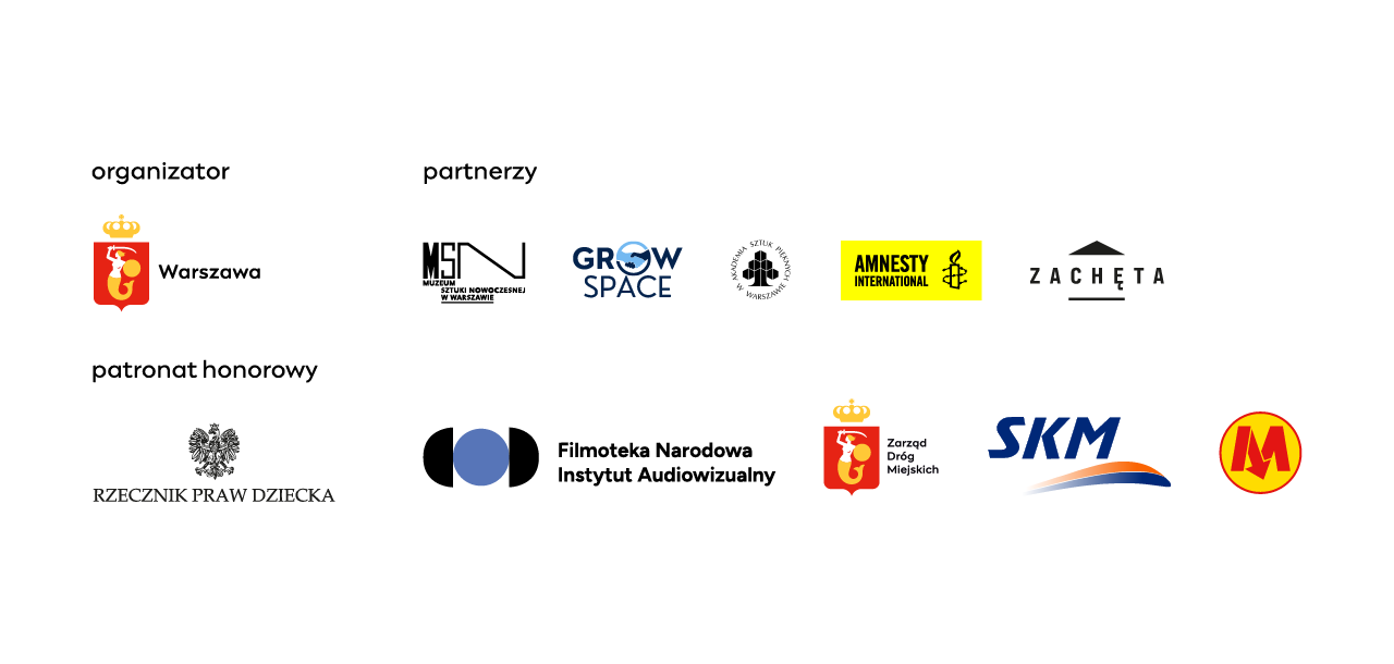 logotypy organizatorow, partnerów i patronów honorowych warszawskiego tygodnia praw człowieka 2024: organizator: miasto stołeczne warszawa, partnerzy: muzuem sztuki nowoczesnej, grow space, akademia sztuk pięknych w warszawie, amnesty international, galeria zachęta, filmoteka narodowa instytut audiowziualny, zarząd dróg miejskich, skm, metro warszawy, patronat honorowy: rzecznika praw dziecka