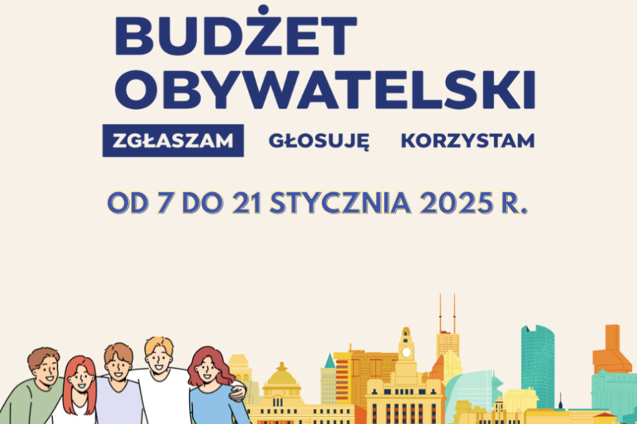 Grafika przedstawia duży granatowy napis: "Budżet Obywatelski. Zgłaszam. Głosuję. Korzystam". Słowo "Zgłaszam" podświetlono na granatowo. Niżej tekst: "Od 7 do 21 stycznia 2025 r.". Na dole grafiki przedstawiono obrazek grupy 5 osób oraz obrazek miasta.