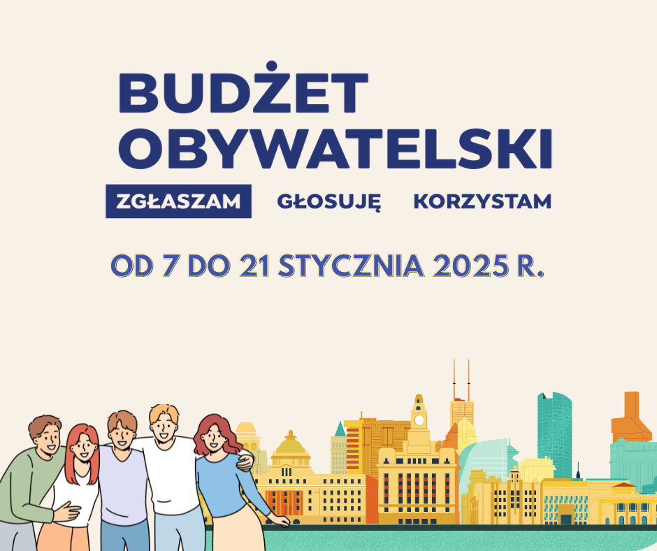 Grafika przedstawia duży granatowy napis: "Budżet Obywatelski. Zgłaszam. Głosuję. Korzystam". Słowo "Zgłaszam" podświetlono na granatowo. Niżej tekst: "Od 7 do 21 stycznia 2025 r.". Na dole grafiki przedstawiono obrazek grupy 5 osób oraz obrazek miasta.