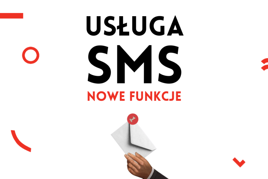 prosta grafika na białym tle z napisem usługa SMS nowe funkcje i ozdobnymi elementami z loga bibliotek publicznych w warszawie oraz ilustracją dłoni trzymającej kopertę ze znacznikiem 1 w czerwonym kółku