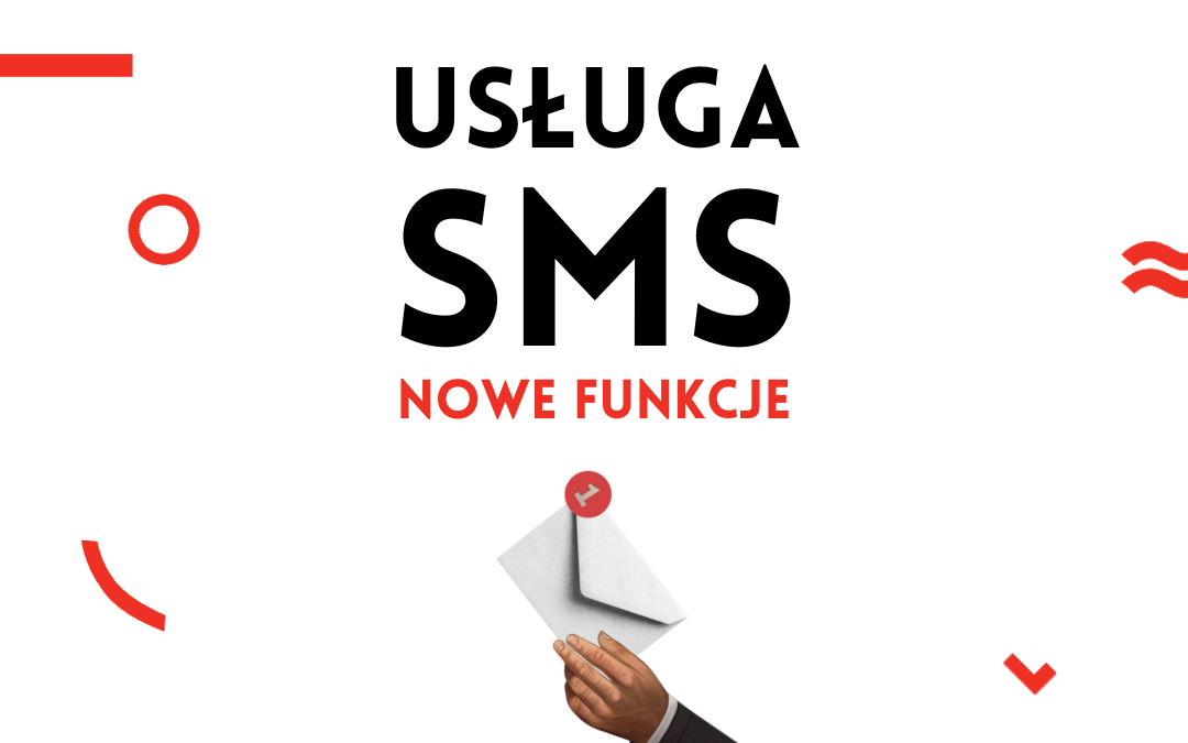 prosta grafika na białym tle z napisem usługa SMS nowe funkcje i ozdobnymi elementami z loga bibliotek publicznych w warszawie oraz ilustracją dłoni trzymającej kopertę ze znacznikiem 1 w czerwonym kółku