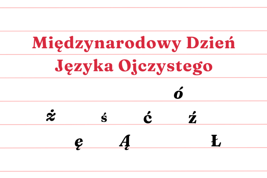 prosta grafika z napisem międzynarodowy dzień języka ojczystego na jasnych poziomych liniach oraz litery polskiego alfabetu: ż, ę, ś, Ą, ć, ó, ź, Ł