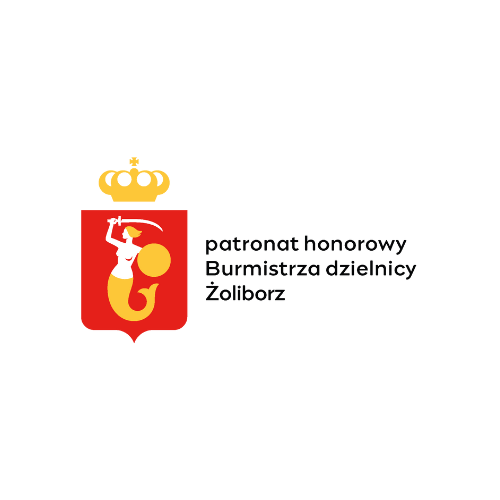 logotyp dzielnicy żoliborz m.st. warszawy w kwadracie na białym tle, widoczne napisy: patronat hoorowy burmistzra dzielnicy żoliborz