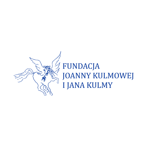 logotyp fundacji joanny kulmowej i jana kulmy w kwadracie na białym tle, widoczne napisy: fundacja joanny kulmowej i jana kulmy
