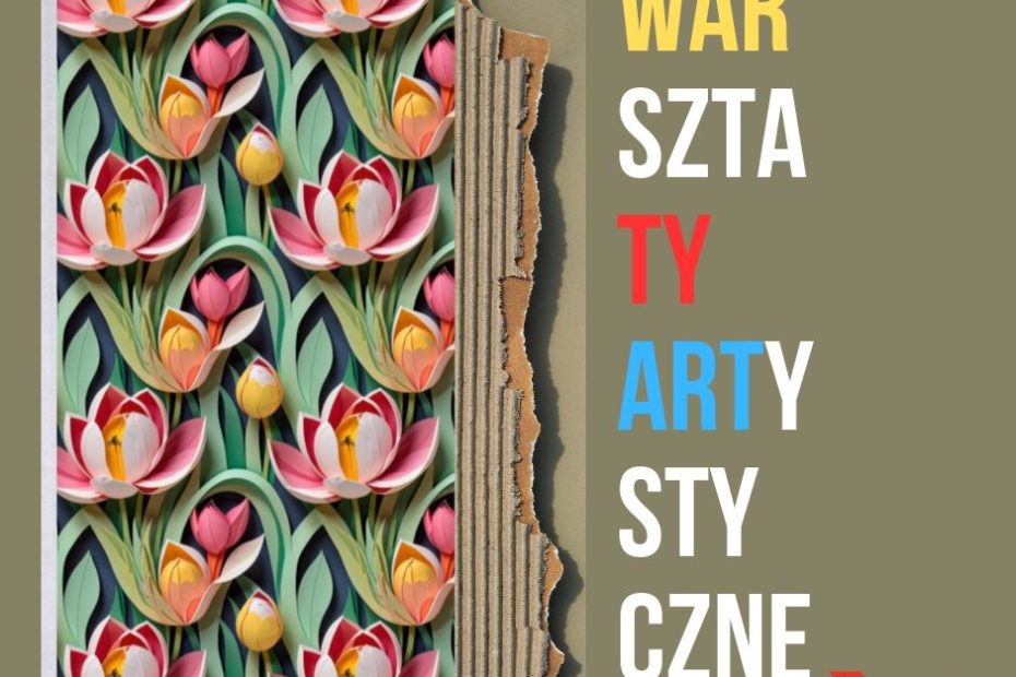 grafika przedstawiająca plakat na warsztaty artystyczne. Wszystko jest na oliwkowym tle, po lewej stronie na kawałku tektury widnieje zdjęcie różnokolorowych papierowych tulipanów, po prawej stronie jest napis w kolorach żółtym, białym i niebieskim "warsztaty artystyczne". W prawym dolnym rogu znajduje się logo biblioteki.