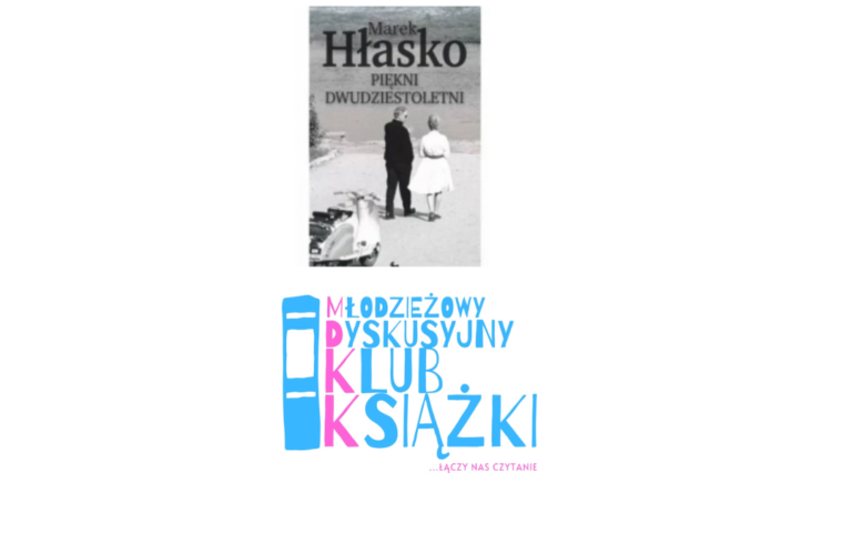 grafika przedstawiająca okładkę książki Marka Hłaski pt. "Piękni dwudziestoletni", oraz logo Młodzieżowego Dyskusyjnego Klubu Książki
