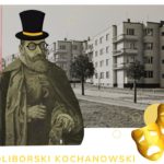 Plakat przedstawia dwie fotografie w kolorze sepii na pierwszej mężczyznę z brodą w stroju z dawnej epoki a na drugiej aleję trzypiętrowych budynków. W prawym dolnym rogu obrazka jest symbol teatru - dwie maski smutna i wesoła w żółtym kolorze.