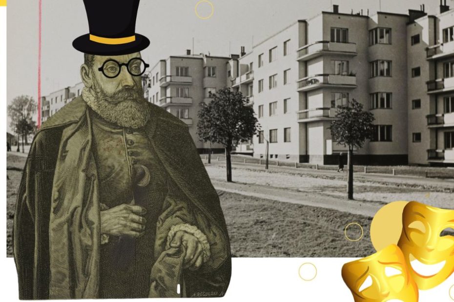 Plakat przedstawia dwie fotografie w kolorze sepii na pierwszej mężczyznę z brodą w stroju z dawnej epoki a na drugiej aleję trzypiętrowych budynków. W prawym dolnym rogu obrazka jest symbol teatru - dwie maski smutna i wesoła w żółtym kolorze.