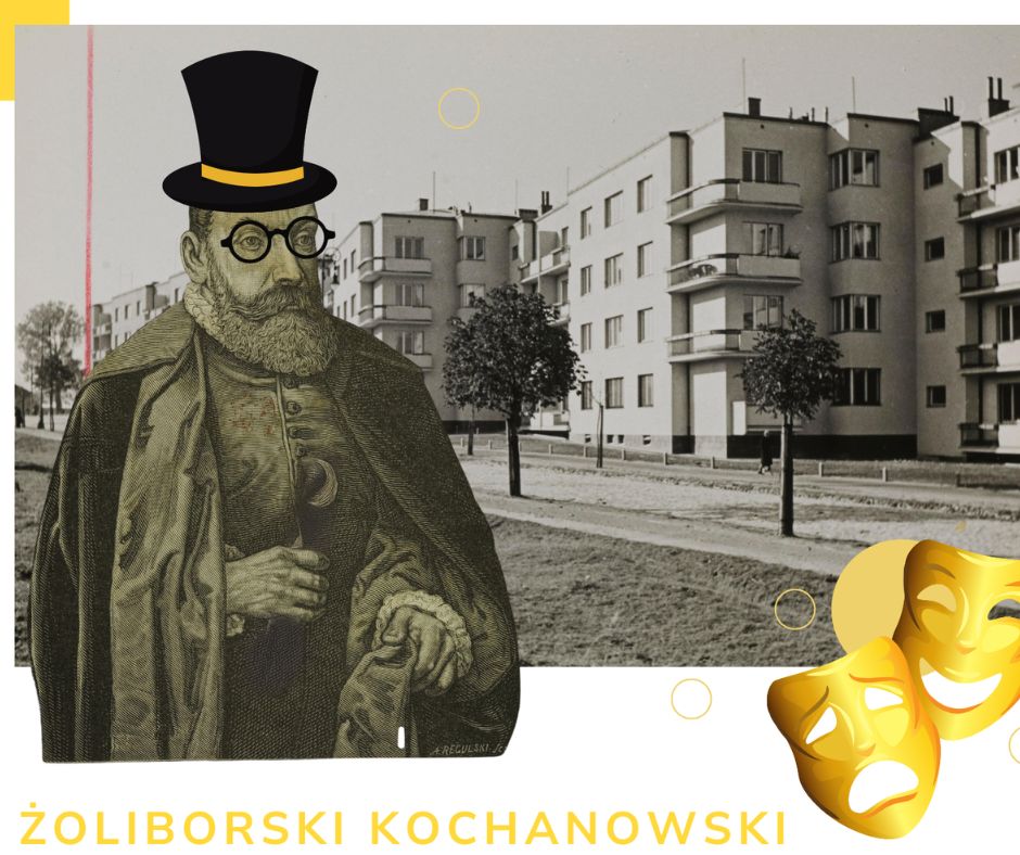 Plakat przedstawia dwie fotografie w kolorze sepii na pierwszej mężczyznę z brodą w stroju z dawnej epoki a na drugiej aleję trzypiętrowych budynków. W prawym dolnym rogu obrazka jest symbol teatru - dwie maski smutna i wesoła w żółtym kolorze.