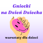 prosta grafika z napisem zgniotki na dzień dziecka warsztaty dla dzieci oraz ilustracją ręki ściskającej owalną zabawkę z uśmiechem
