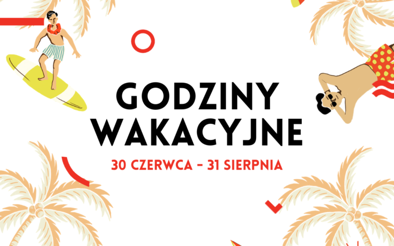 prosta grafika na białym tle z napisem godziny wakacyjne 30 czerwca - 31 sierpnia i ozdobnymi elementami z loga bibliotek publicznych w warszawie oraz tłem z ilustracją w stylu retro z ludźmi na plaży w strojach z lat 20. XX wieku
