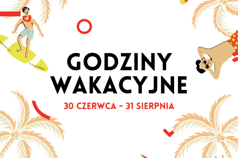 prosta grafika na białym tle z napisem godziny wakacyjne 30 czerwca - 31 sierpnia i ozdobnymi elementami z loga bibliotek publicznych w warszawie oraz tłem z ilustracją w stylu retro z ludźmi na plaży w strojach z lat 20. XX wieku