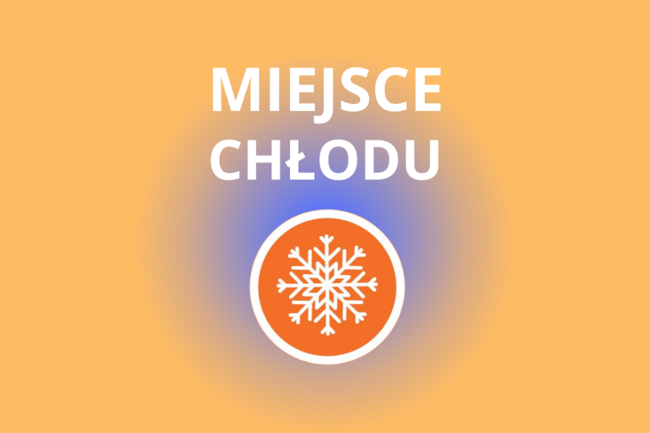 prosta grafika z ikoną śnieżynki na pomarańczowym tle z napisem miejsce chłodu