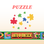 prosta grafika z napisem puzzle lato w mieście oraz ilustracją puzzli