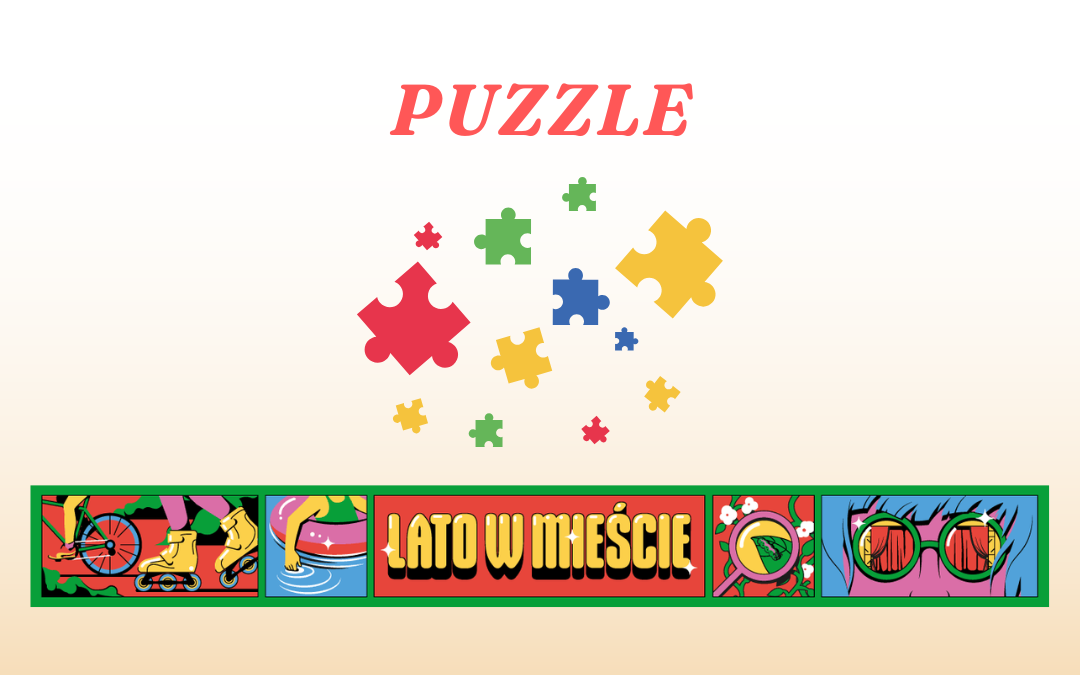 prosta grafika z napisem puzzle lato w mieście oraz ilustracją puzzli