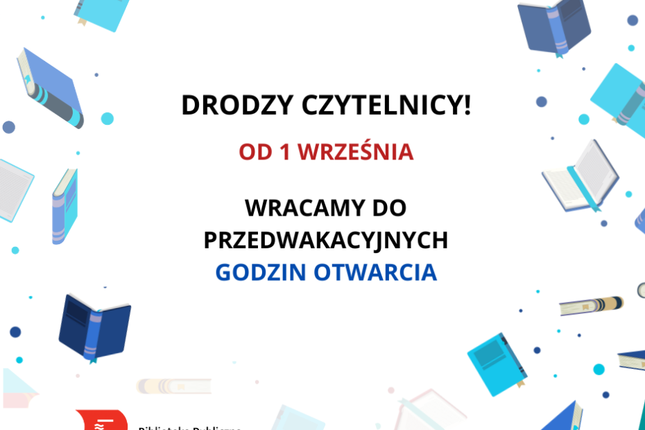Biała grafika z latającymi niebieskimi książkami. W środku tekst: Drodzy Czytelnicy! Od 1 września wracamy do przedwakacyjnych godzin otwarcia. Niżej logo: Biblioteka Publiczna w Dzielnicy Żoliborz m.st. Warszawy