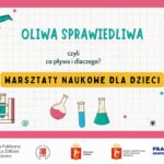 Obrazek wyróżniający. zapraszający dzieci na warsztaty naukowe "Oliwa sprawiedliwa. Czyli co pływa i dlaczego?" . Wokół napisu grafiki szkła powiększającego, menzurek,, atomu, szkła powiększającego oraz okularów ochronnych. Pod spodem loga: Biblioteka Publiczna w Dzielnicy Żoliborz m.st. Warszawy, logo 90-lecia Biblioteki, logo Fundacji Pracownia Eksperymentu, logo Warszawa Żoliborz oraz logo Warszawy z napisem "projekt współfinansuje miasto stołeczne Warszawa.