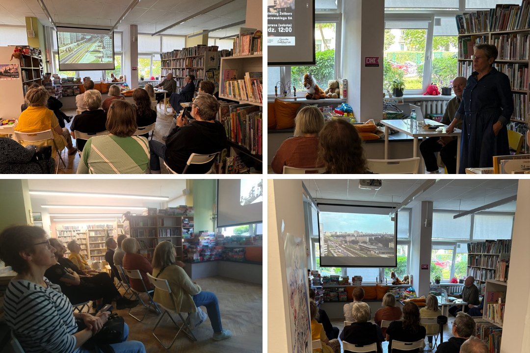 kolaż 4 zdjęć na których widać dużą grupę zgromadzonych ludzi, siedzących we wnętrzu biblioteki przy broniewskiego. autorzy zdjęć: stowarzyszenie zatrasie
