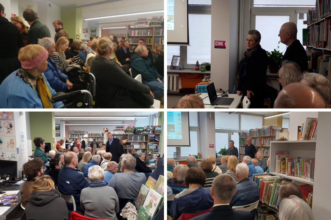 kolaż 4 zdjęć na których widać dużą grupę zgromadzonych ludzi, siedzących we wnętrzu biblioteki przy broniewskiego. autorzy zdjęć: stowarzyszenie zatrasie