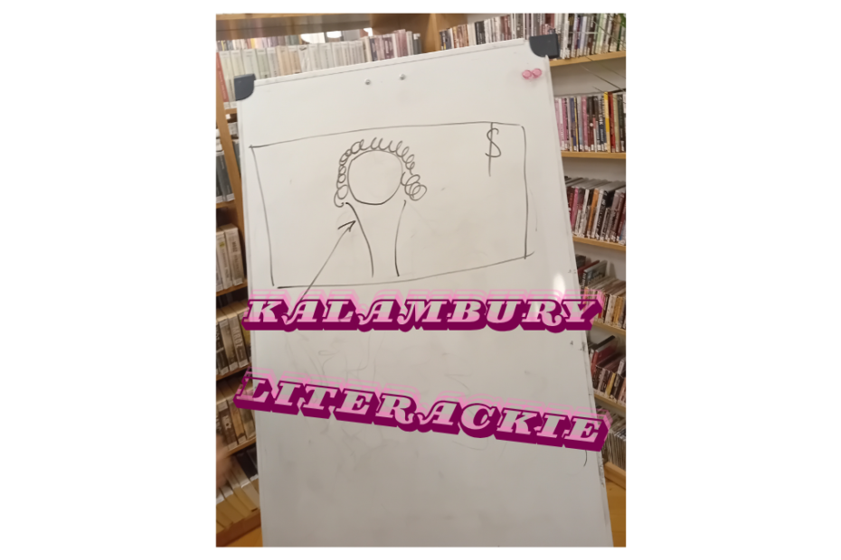 grafika wyróżniająca przedstawiająca tablicę z ludzką głową oraz napisem "Kalambury Literackie"