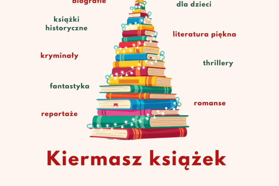 Ilustracja przedstawiająca choinkę ułożoną z kolorowych książek, ozdobioną lampkami i zwieńczoną gwiazdą. Wokół choinki znajdują się nazwy gatunków literackich: biografie, książki historyczne, kryminały, fantastyka, reportaże, książki dla dzieci, literatura piękna, thrillery, romanse. Pod ilustracją widnieje napis ‘Kiermasz książek’