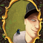 Ilustracja przedstawiająca uśmiechniętą postać w czapce w ozdobnej ramie, obok której siedzi mały, rysunkowy owad