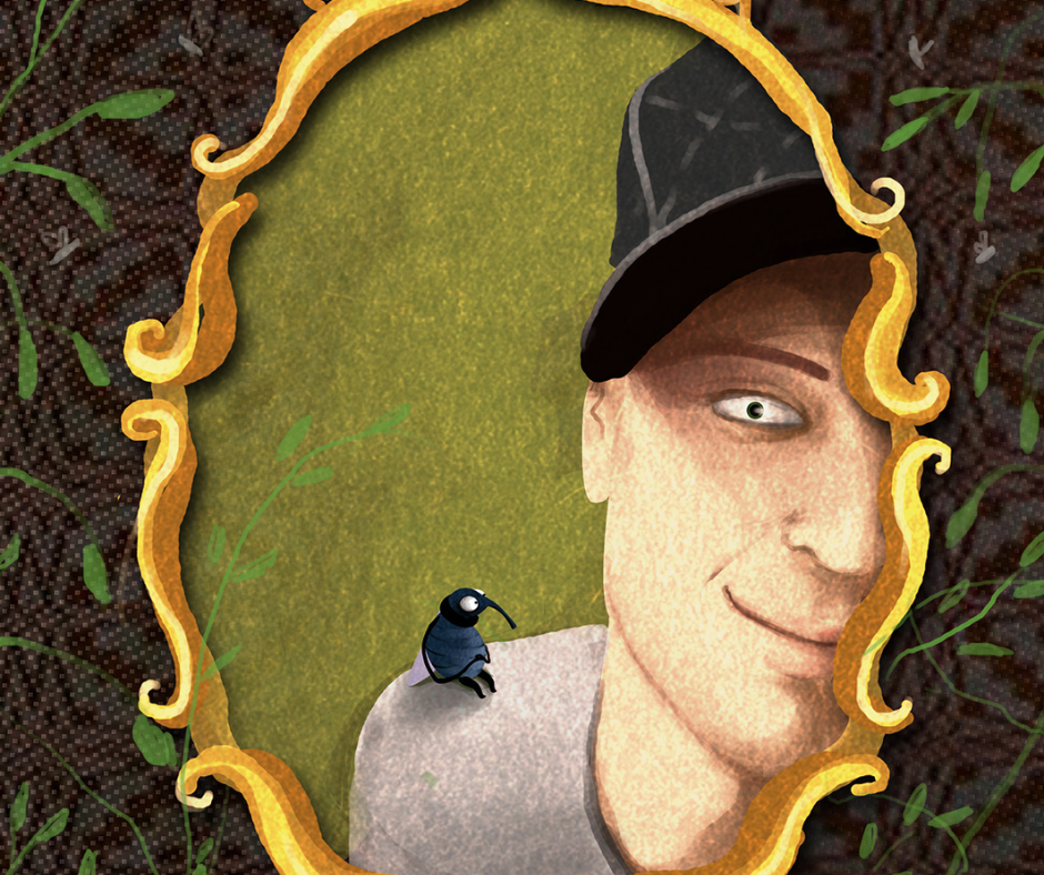 Ilustracja przedstawiająca uśmiechniętą postać w czapce w ozdobnej ramie, obok której siedzi mały, rysunkowy owad